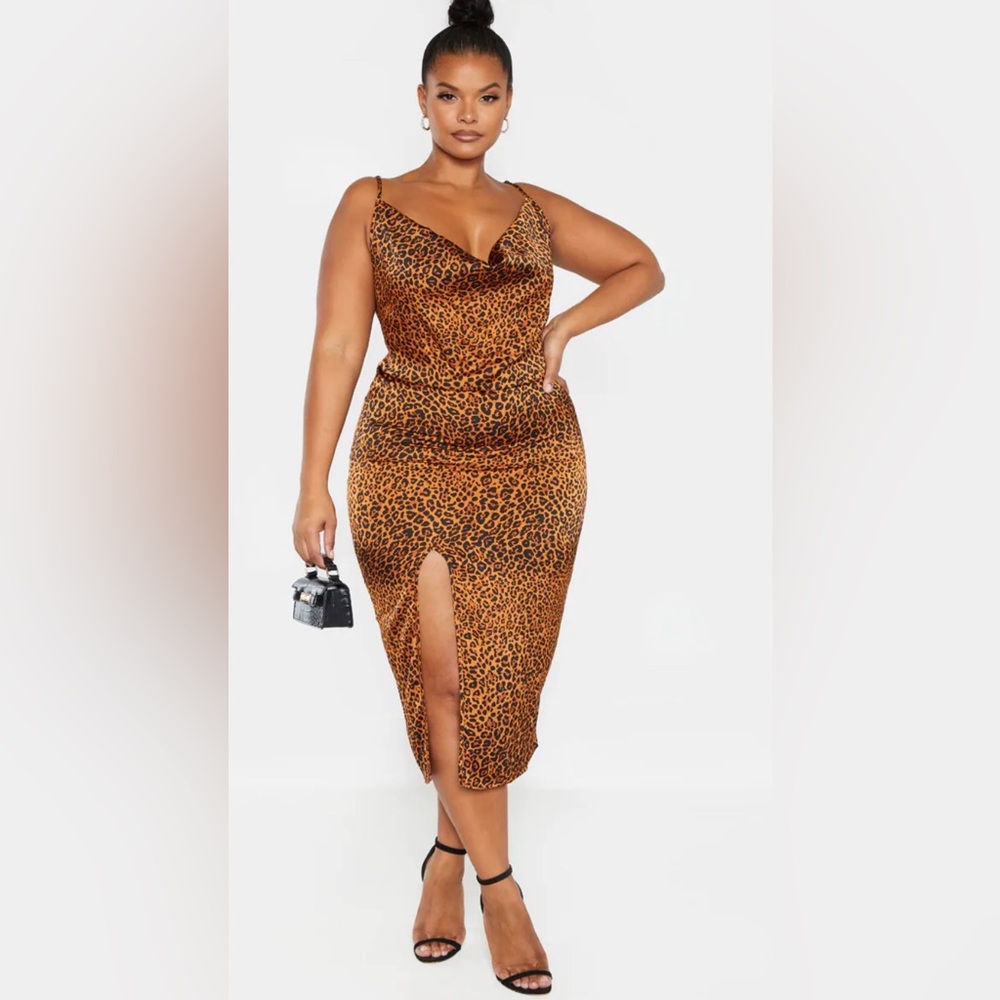 Pretty Little Thing leopard silk blend cowl midi dress with slit size Large